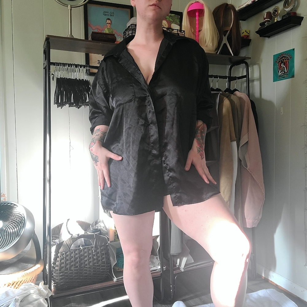 XL Black Satin Button Down